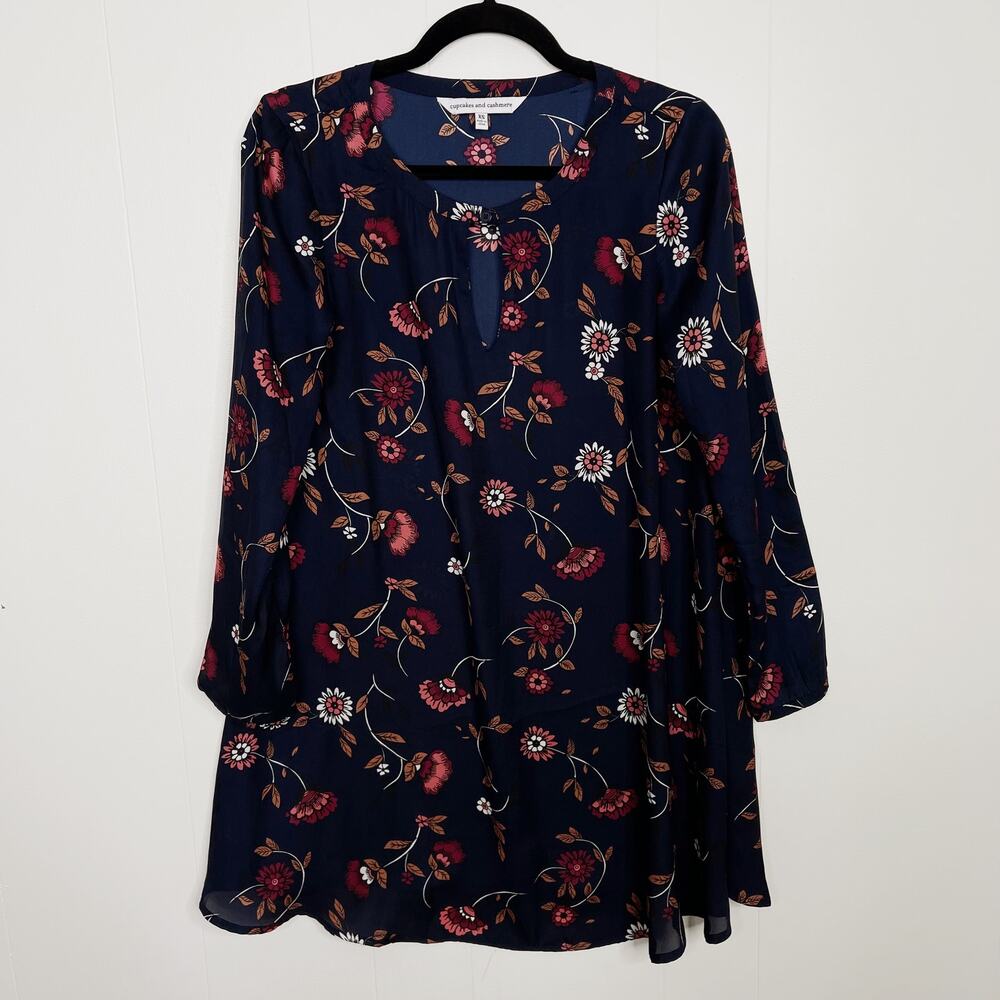 Cupcakes and Cashmere Floral Hazel Long Sleeve Keyhole Neck Dress XSmall Blue XS